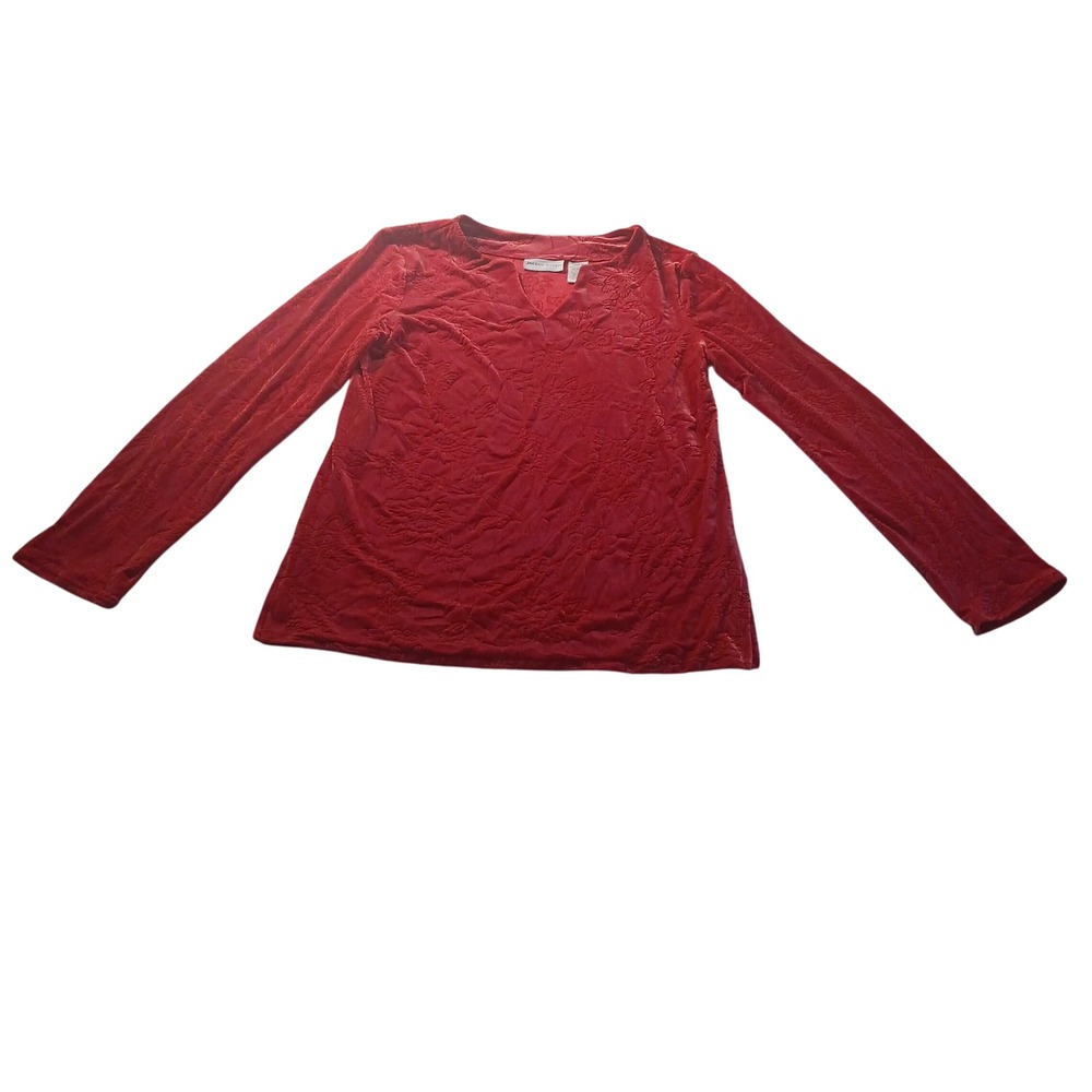 Jaclyn Smith VTG Burnout Velvet Top S Red‎ Floral V-Neck Long Sleeve Y2K Blouse